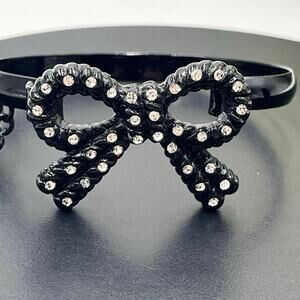 Betsey Johnson Designer Black Metal Pave Rhinestone Bow Bangle Hinged Bracelet